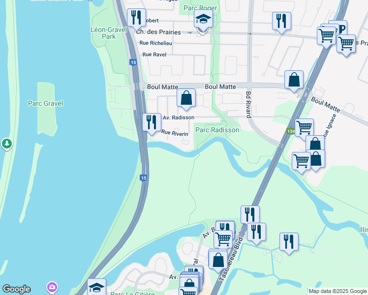 map of restaurants, bars, coffee shops, grocery stores, and more near 9736 Rue Riverin in Brossard