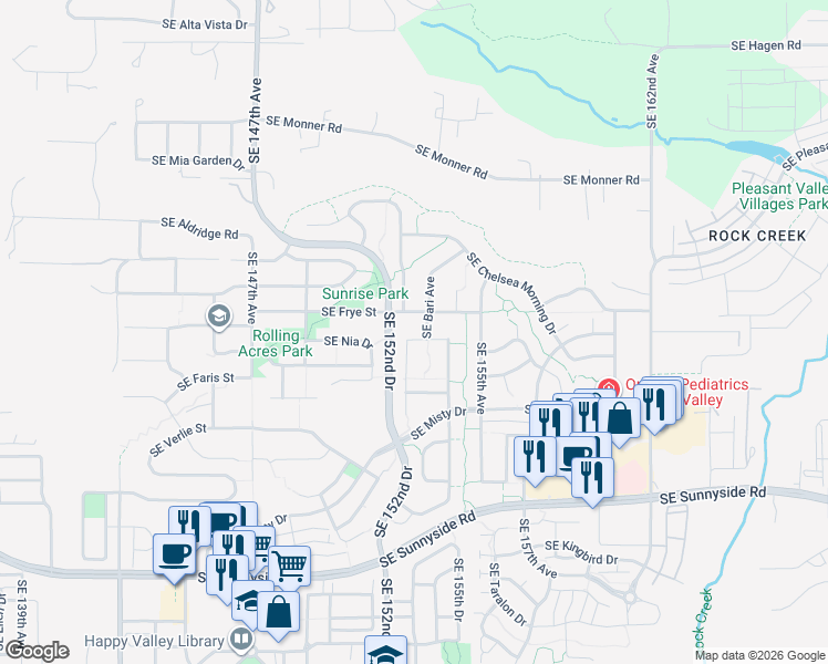 map of restaurants, bars, coffee shops, grocery stores, and more near 15293 Southeast Frye Street in Happy Valley
