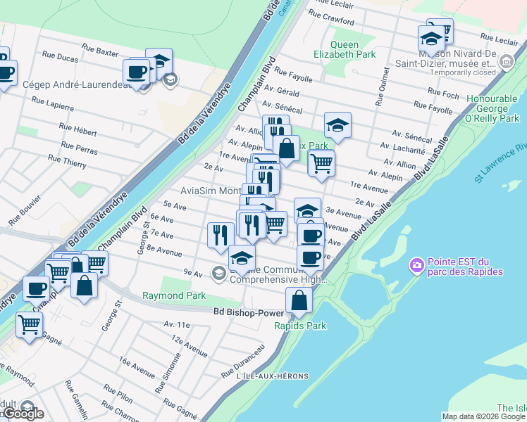 map of restaurants, bars, coffee shops, grocery stores, and more near Rue Centrale in Montréal