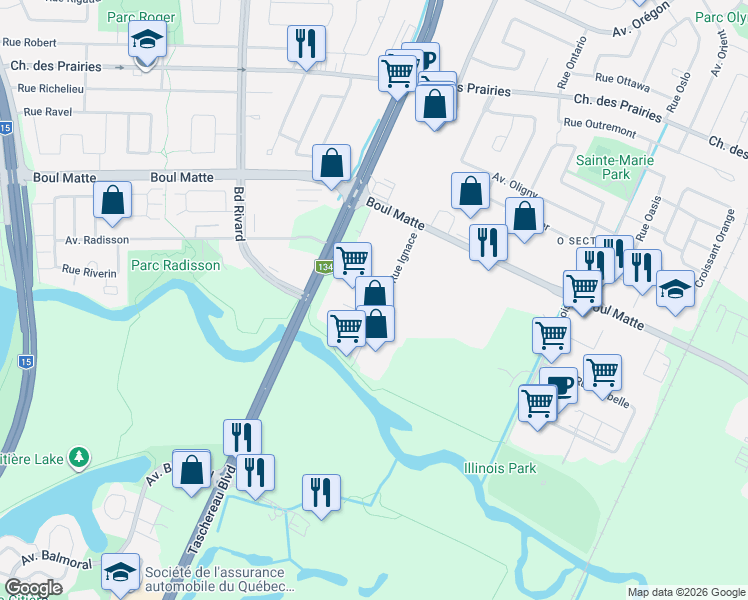 map of restaurants, bars, coffee shops, grocery stores, and more near 9600 Rue Ignace in Brossard