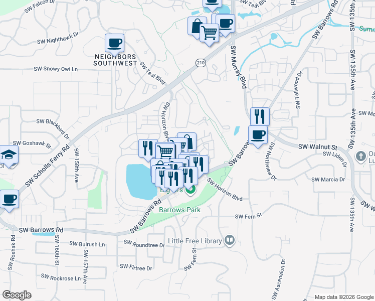map of restaurants, bars, coffee shops, grocery stores, and more near Southwest Horizon Boulevard in Beaverton