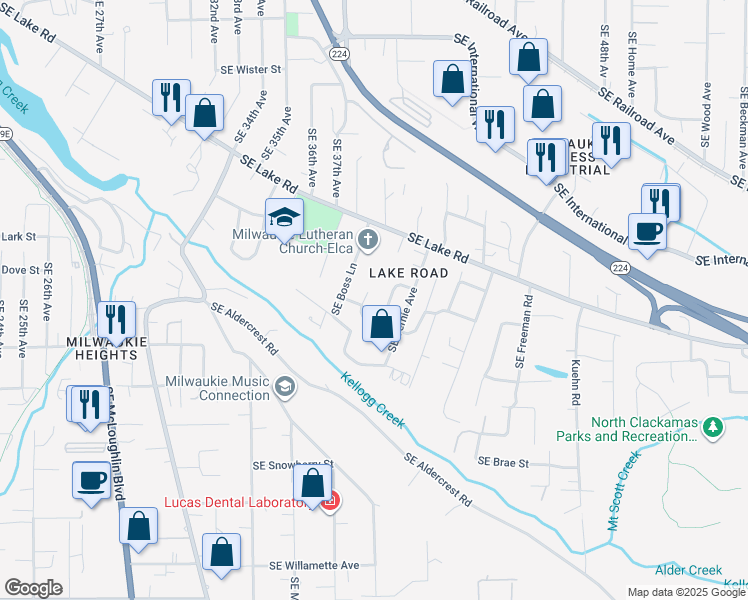 map of restaurants, bars, coffee shops, grocery stores, and more near 12664 Southeast 39th Court in Milwaukie