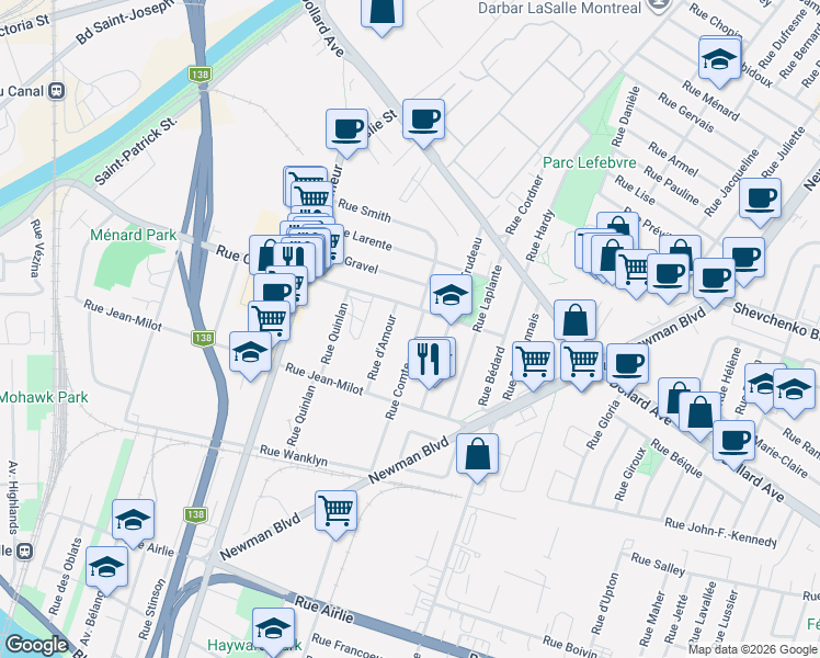 map of restaurants, bars, coffee shops, grocery stores, and more near 434 Rue Comte in Montréal