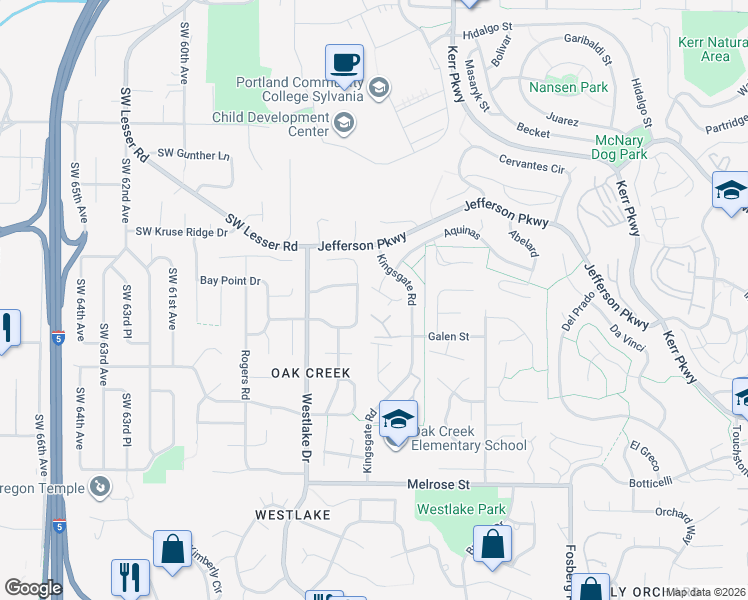 map of restaurants, bars, coffee shops, grocery stores, and more near 30 Crestfield Court in Lake Oswego
