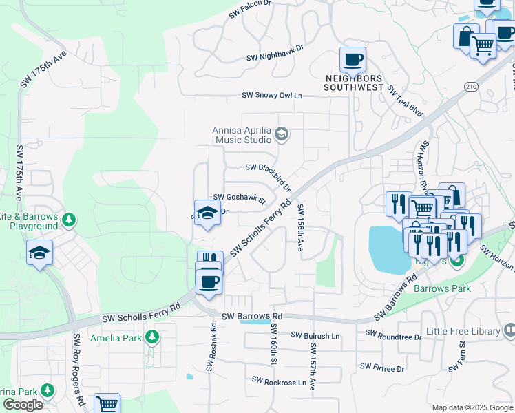 map of restaurants, bars, coffee shops, grocery stores, and more near 16130 Southwest Goshawk Street in Beaverton