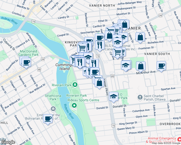 map of restaurants, bars, coffee shops, grocery stores, and more near in Ottawa
