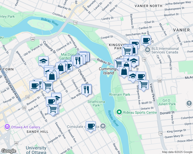 map of restaurants, bars, coffee shops, grocery stores, and more near 450 Daly Avenue in Ottawa