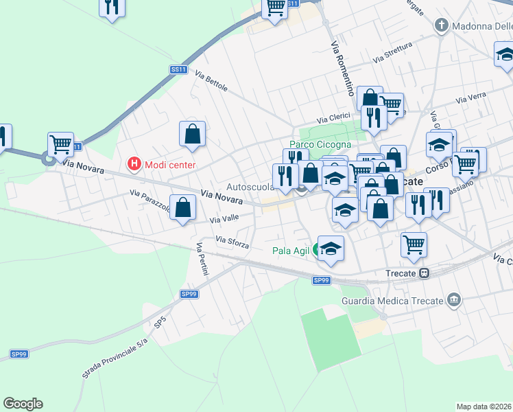 map of restaurants, bars, coffee shops, grocery stores, and more near 39 Via Novara in Trecate