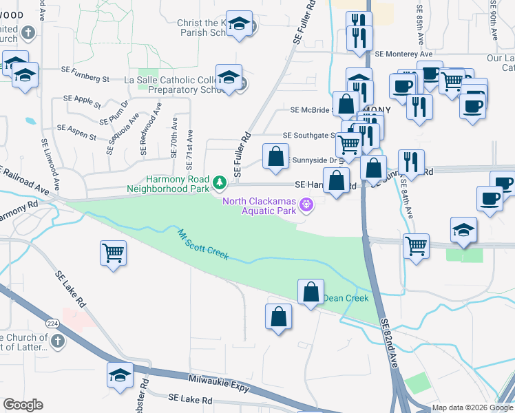 map of restaurants, bars, coffee shops, grocery stores, and more near Aquatic Center in Portland