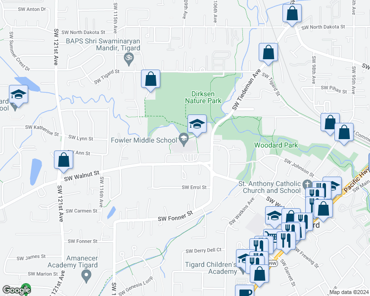 map of restaurants, bars, coffee shops, grocery stores, and more near 10865 Southwest Walnut Street in Tigard