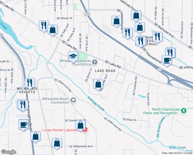 map of restaurants, bars, coffee shops, grocery stores, and more near 12664 Southeast 39th Court in Milwaukie
