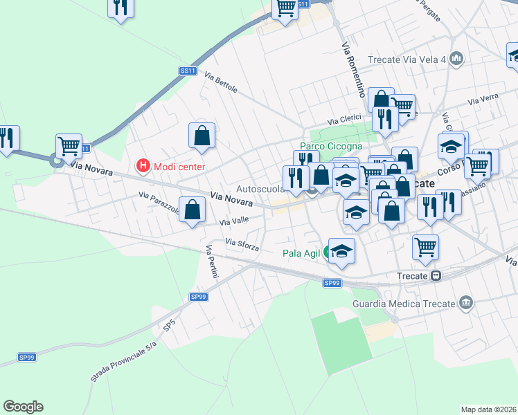 map of restaurants, bars, coffee shops, grocery stores, and more near 39 Via Novara in Trecate