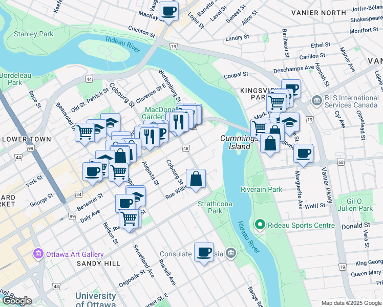 map of restaurants, bars, coffee shops, grocery stores, and more near 425 Daly Avenue in Ottawa