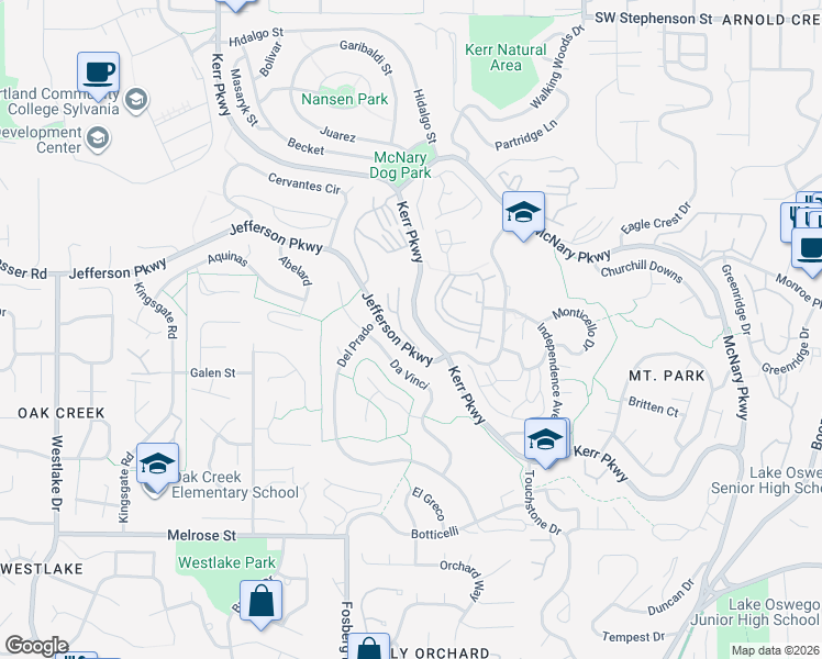 map of restaurants, bars, coffee shops, grocery stores, and more near 4067 Jefferson Parkway in Lake Oswego