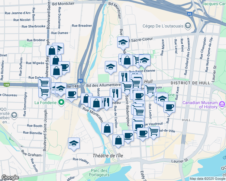 map of restaurants, bars, coffee shops, grocery stores, and more near 42 Rue Charlevoix in Gatineau