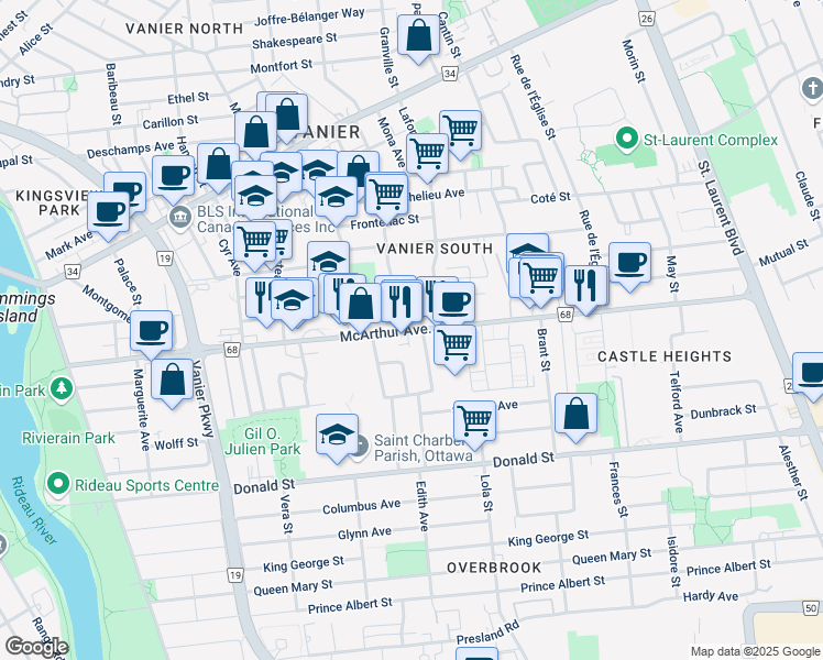 map of restaurants, bars, coffee shops, grocery stores, and more near McArthur Avenue in Ottawa