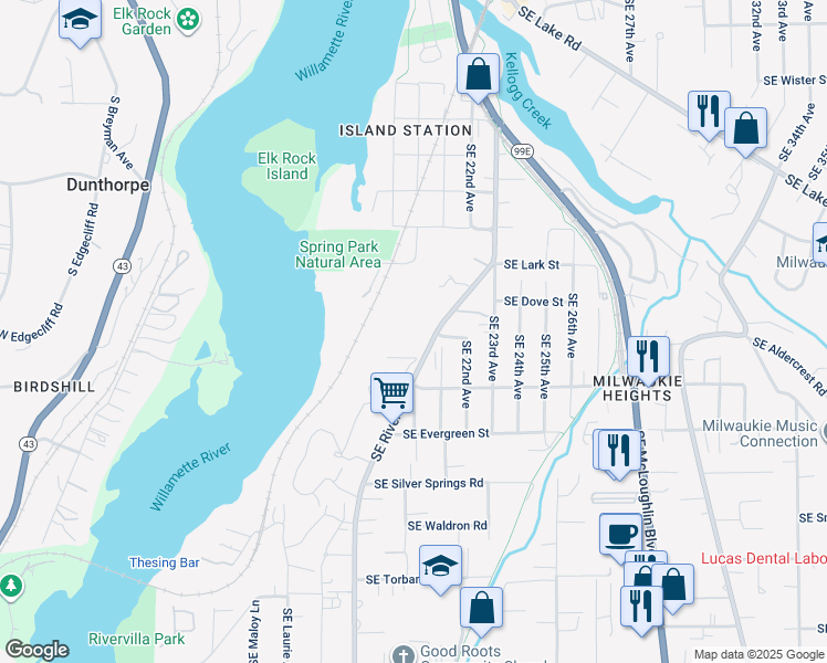 map of restaurants, bars, coffee shops, grocery stores, and more near 12601 Southeast River Road in Milwaukie