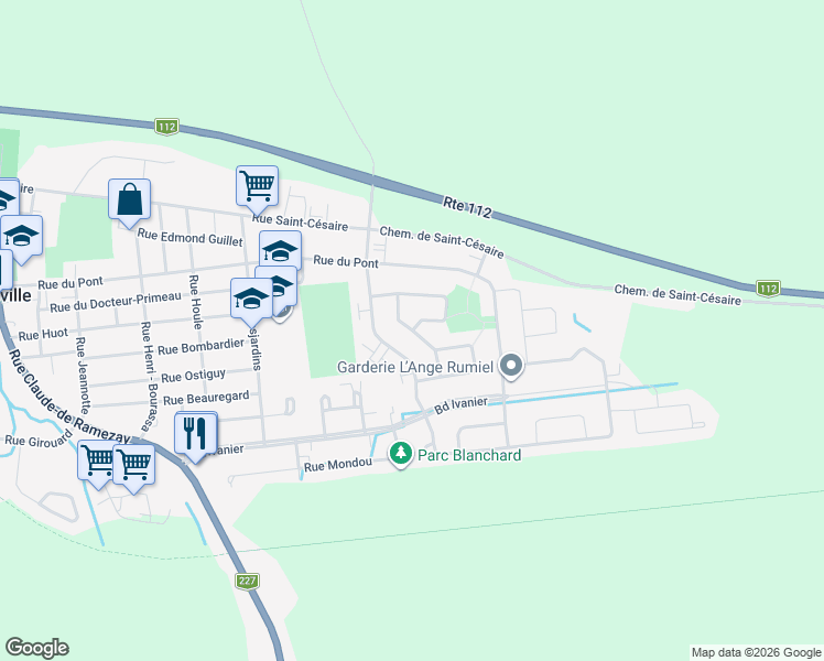 map of restaurants, bars, coffee shops, grocery stores, and more near Rue des Lobélies in Marieville