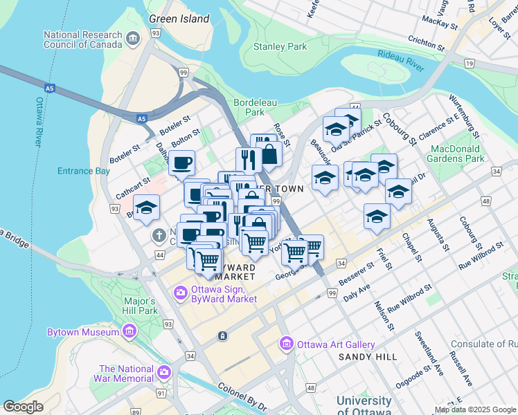 map of restaurants, bars, coffee shops, grocery stores, and more near in Ottawa