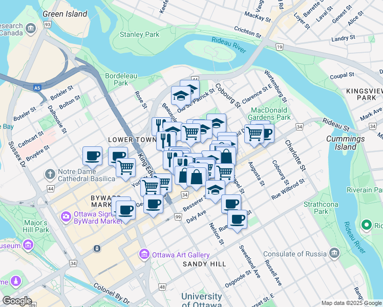 map of restaurants, bars, coffee shops, grocery stores, and more near 162 Beausoleil Drive in Ottawa
