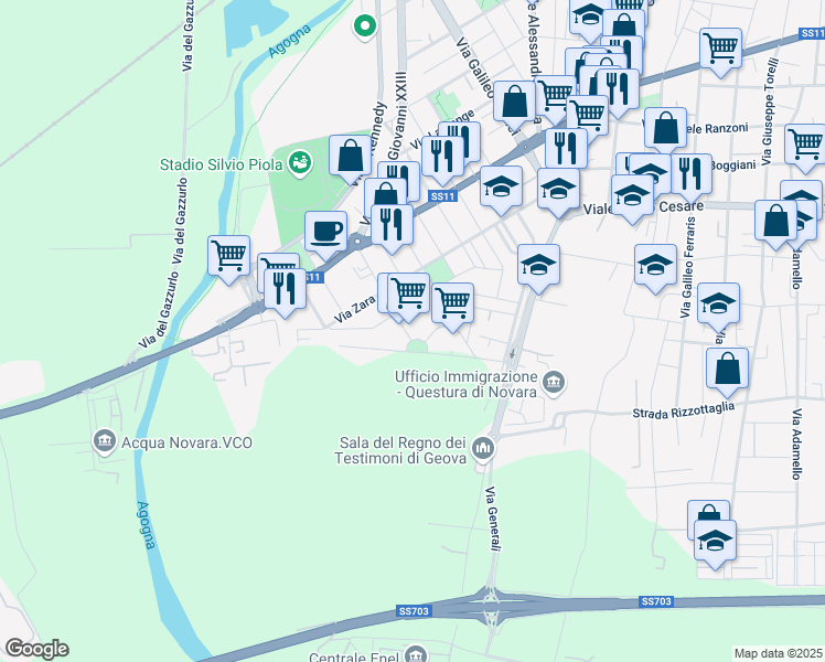 map of restaurants, bars, coffee shops, grocery stores, and more near 25 Via Pola in Novara