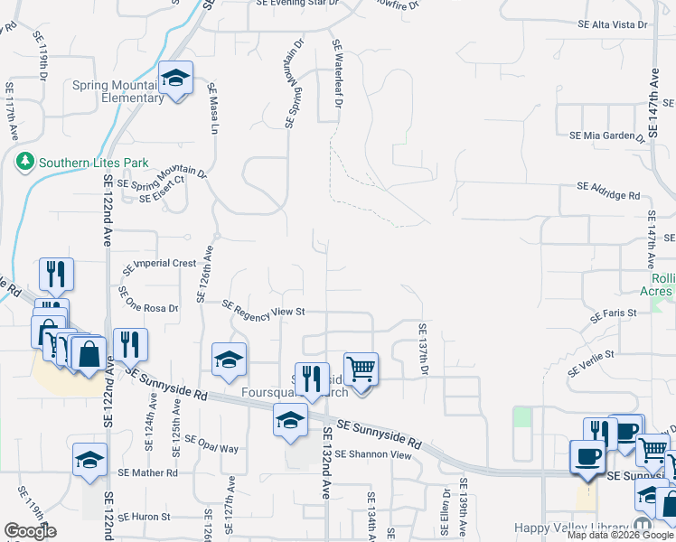 map of restaurants, bars, coffee shops, grocery stores, and more near 12530 Southeast 132nd Avenue in Happy Valley