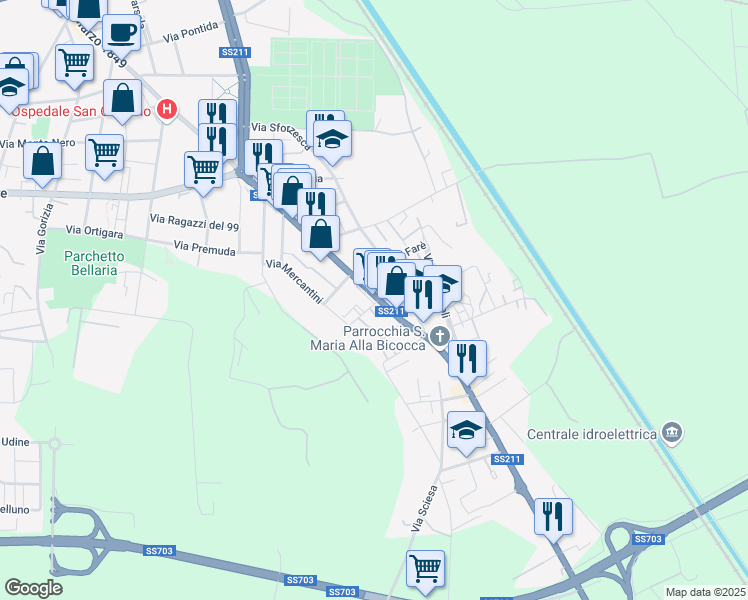 map of restaurants, bars, coffee shops, grocery stores, and more near 229 Via XXIII Marzo 1849 in Novara