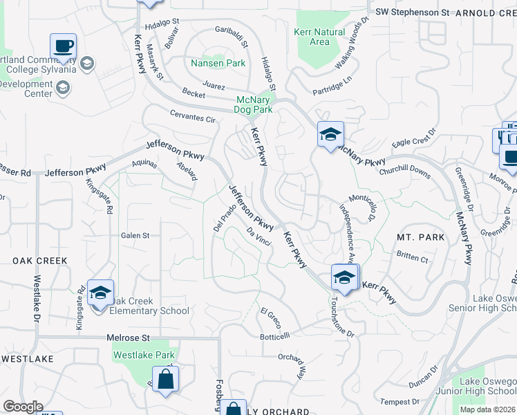 map of restaurants, bars, coffee shops, grocery stores, and more near 4061 Jefferson Parkway in Lake Oswego