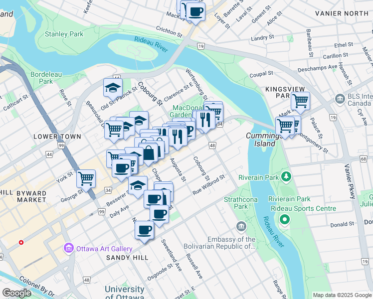 map of restaurants, bars, coffee shops, grocery stores, and more near 541 Rideau Street in Ottawa