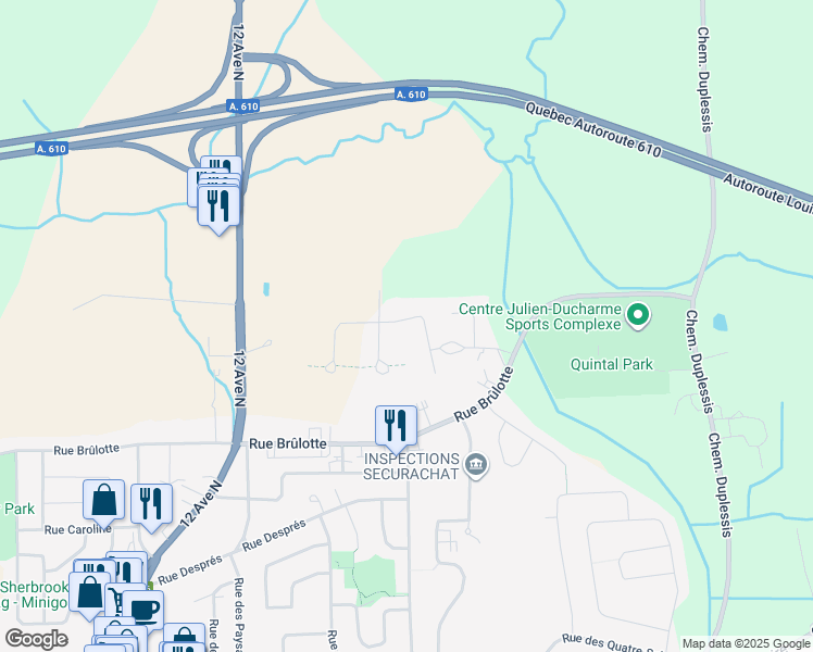 map of restaurants, bars, coffee shops, grocery stores, and more near 1260 Rue de l'Amiral in Sherbrooke