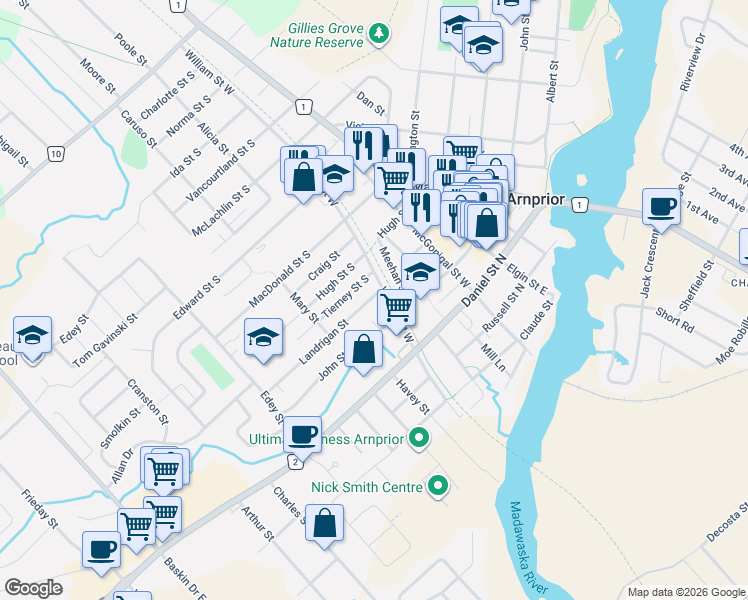 map of restaurants, bars, coffee shops, grocery stores, and more near 28 Landrigan Street in Arnprior