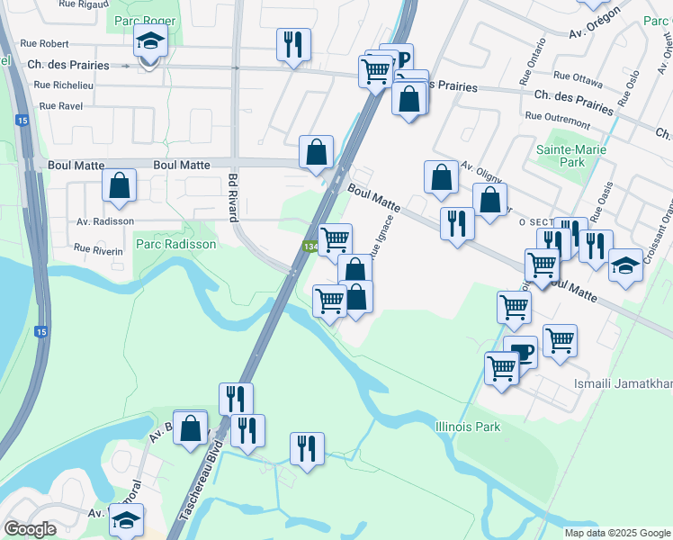 map of restaurants, bars, coffee shops, grocery stores, and more near 9600 Rue Ignace in Brossard