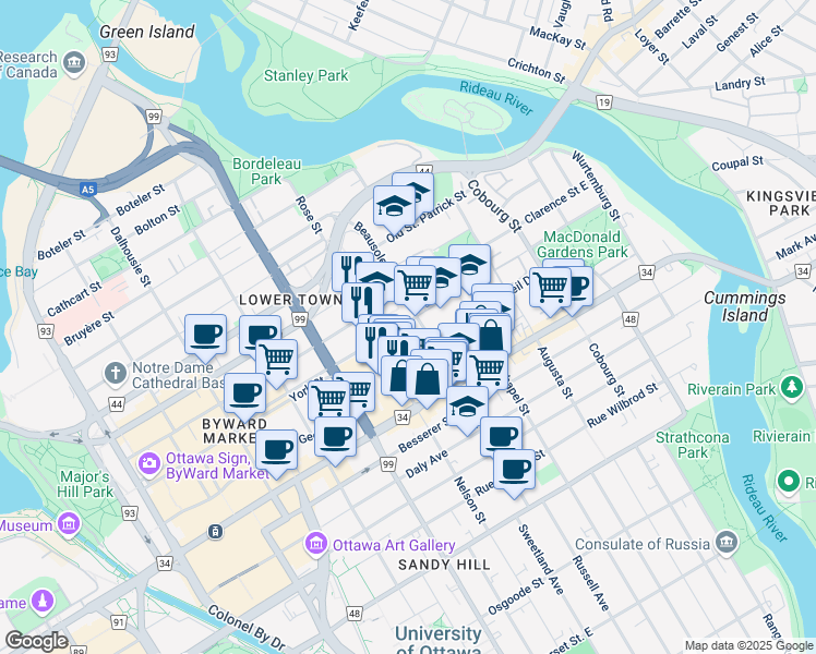 map of restaurants, bars, coffee shops, grocery stores, and more near 296 York Street in Ottawa