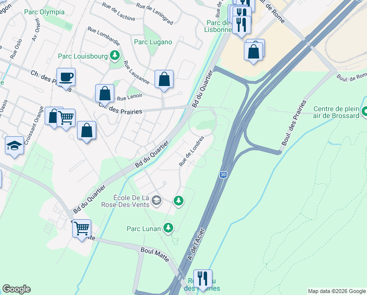 map of restaurants, bars, coffee shops, grocery stores, and more near 6115 Rue de Lusa in Brossard