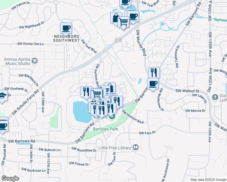 map of restaurants, bars, coffee shops, grocery stores, and more near 14620 Southwest Sandhill Loop in Beaverton