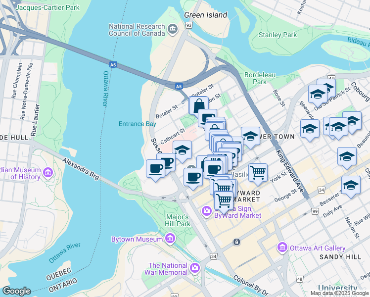 map of restaurants, bars, coffee shops, grocery stores, and more near 58 Bruyère Street in Ottawa