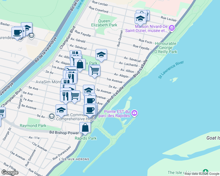 map of restaurants, bars, coffee shops, grocery stores, and more near 56 2e Av in Montréal