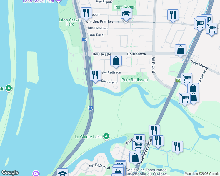 map of restaurants, bars, coffee shops, grocery stores, and more near 9694 Rue Riverin in Brossard