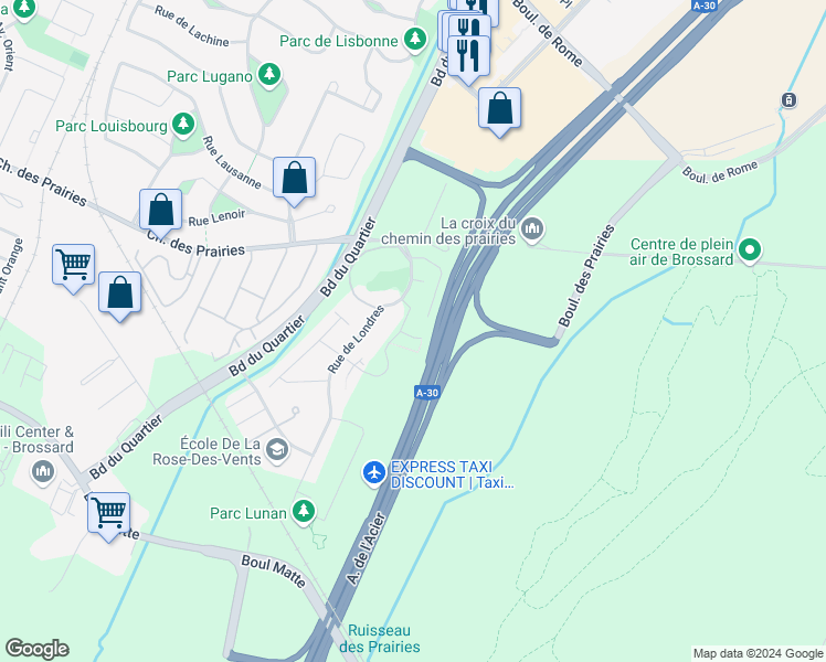 map of restaurants, bars, coffee shops, grocery stores, and more near 6030 Boulevard Chevrier in Brossard