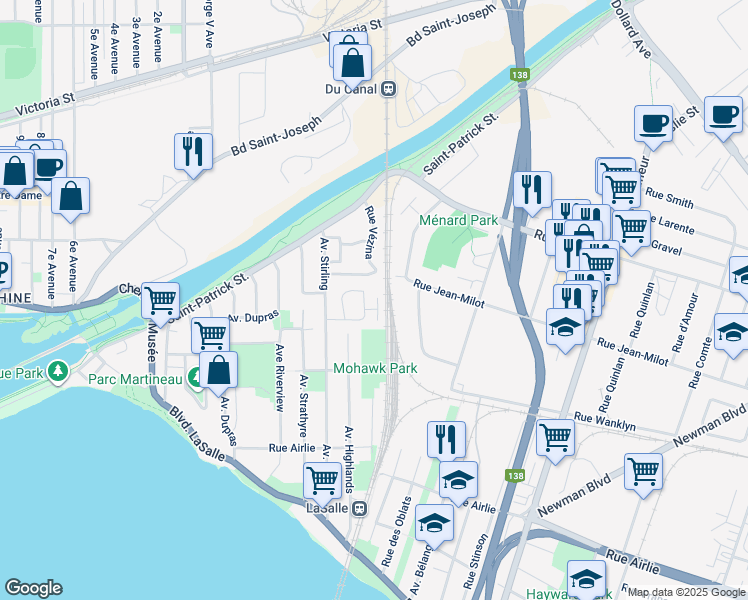 map of restaurants, bars, coffee shops, grocery stores, and more near 9660 Rue William-Fleming in Montreal