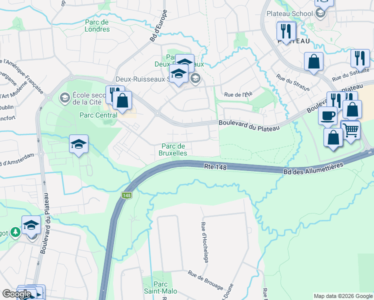 map of restaurants, bars, coffee shops, grocery stores, and more near 61 Rue de Bruxelles in Gatineau