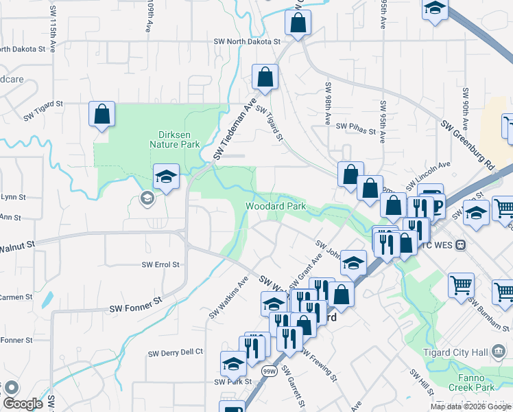 map of restaurants, bars, coffee shops, grocery stores, and more near 10500 Southwest Johnson Court in Tigard