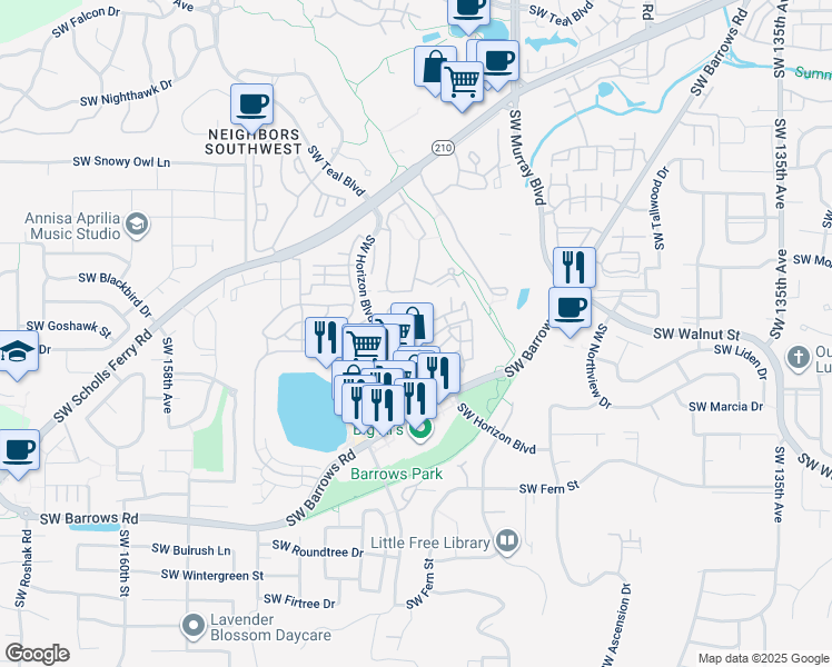 map of restaurants, bars, coffee shops, grocery stores, and more near 14800 Southwest Sandhill Loop in Beaverton