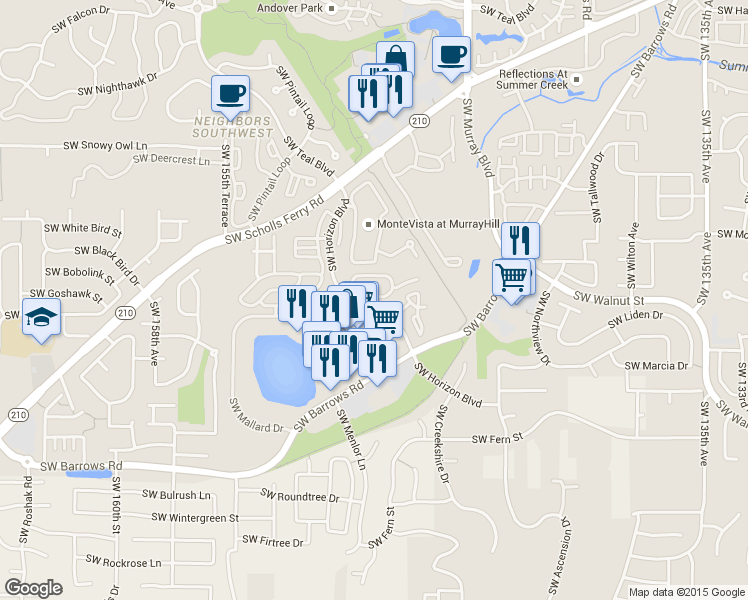 map of restaurants, bars, coffee shops, grocery stores, and more near 14800 Southwest Sandhill Loop in Beaverton