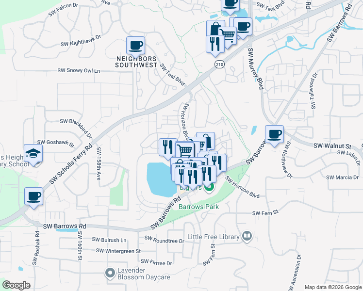 map of restaurants, bars, coffee shops, grocery stores, and more near 15060 Southwest Mallard Drive in Beaverton