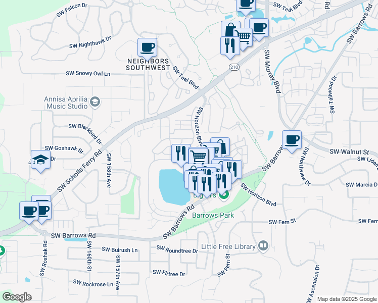 map of restaurants, bars, coffee shops, grocery stores, and more near 15060 Southwest Mallard Drive in Beaverton