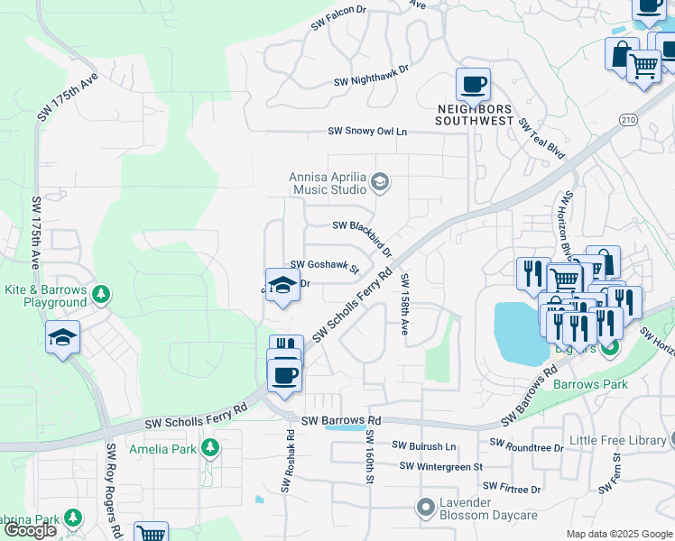 map of restaurants, bars, coffee shops, grocery stores, and more near 16130 Southwest Goshawk Street in Beaverton