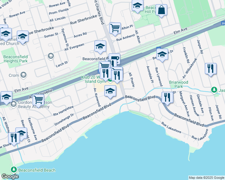 map of restaurants, bars, coffee shops, grocery stores, and more near 50 Boulevard Saint-Charles in Beaconsfield