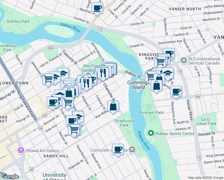 map of restaurants, bars, coffee shops, grocery stores, and more near 429 Daly Avenue in Ottawa