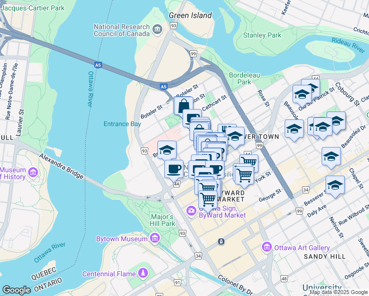 map of restaurants, bars, coffee shops, grocery stores, and more near 113 Saint Andrew Street in Ottawa